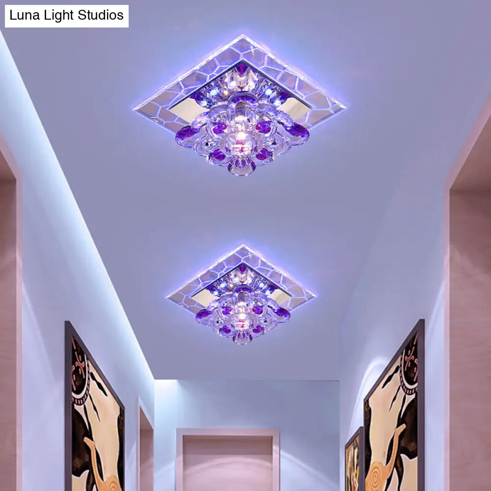 Modern Acrylic Square Led Flush Mount With Crystal Flower Shade