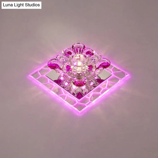 Modern Acrylic Square Led Flush Mount With Crystal Flower Shade Clear / Pink