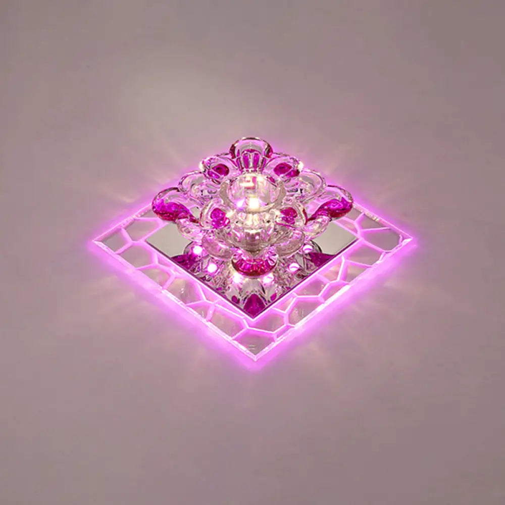 Modern Acrylic Square Led Flush Mount With Crystal Flower Shade Clear / Pink