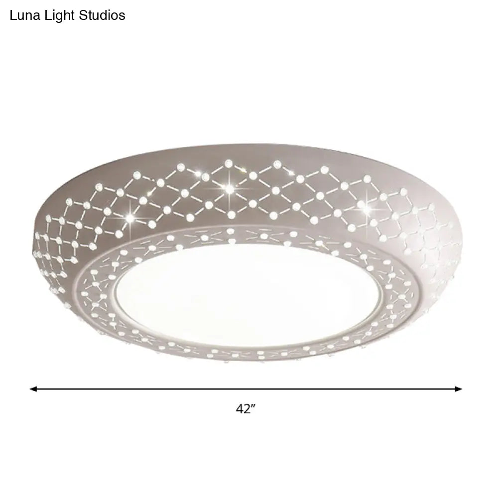 Modern Acrylic White Flush Mount Ceiling Light With Crystal Accent - 23’/42’/35’ Wide Drum