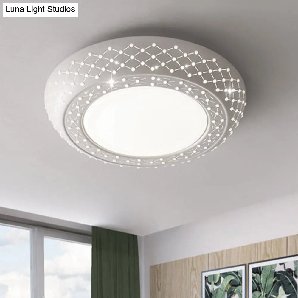 Modern Acrylic White Flush Mount Ceiling Light With Crystal Accent - 23’/42’/35’ Wide Drum