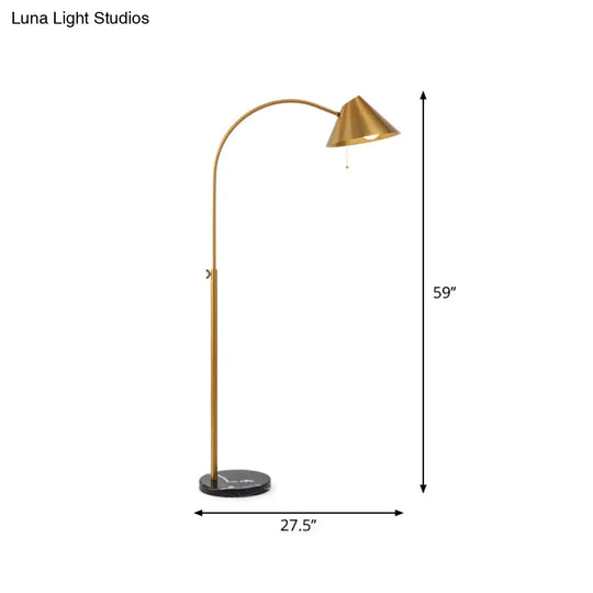 Modern Adjustable Floor Reading Lamp - Gold Cone Metal Gooseneck Light With Pull Chain