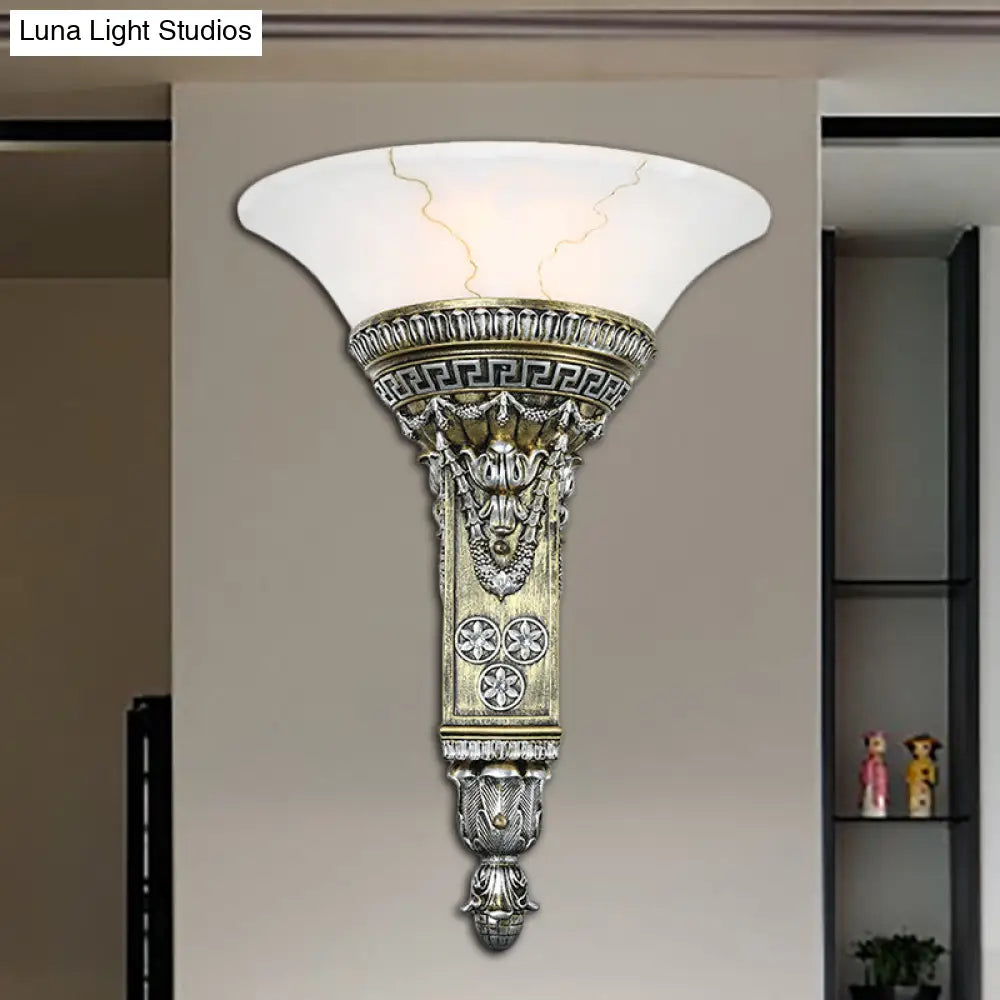 Modern Aged Silver Wall Sconce With Flared White Glass - Perfect For Living Room Lighting