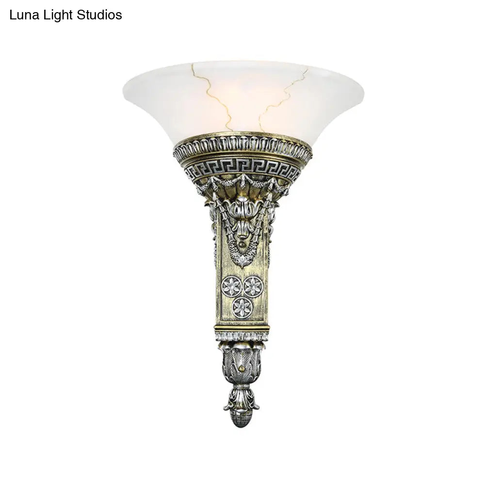 Modern Aged Silver Wall Sconce With Flared White Glass - Perfect For Living Room Lighting