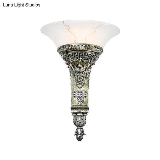 Modern Aged Silver Wall Sconce With Flared White Glass - Perfect For Living Room Lighting