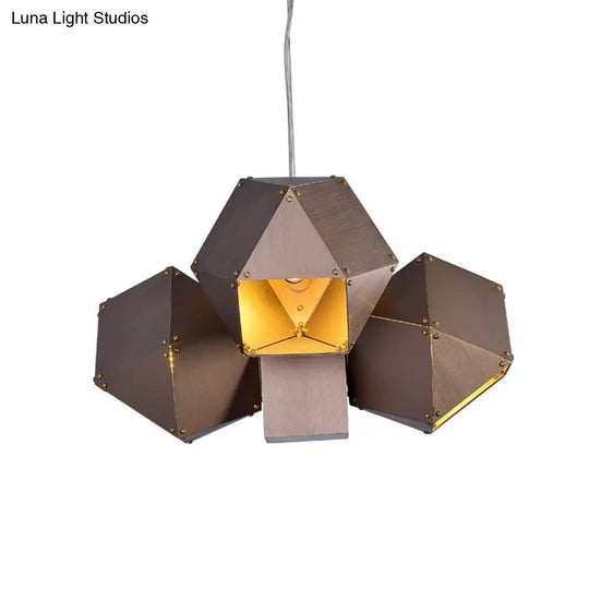 Modern Aluminum 3-Light Polyhedron Chandelier Pendant Lamp In Coffee For Restaurants