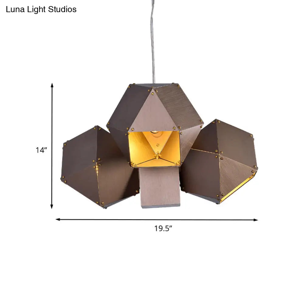 Modern Aluminum 3-Light Polyhedron Chandelier Pendant Lamp In Coffee For Restaurants