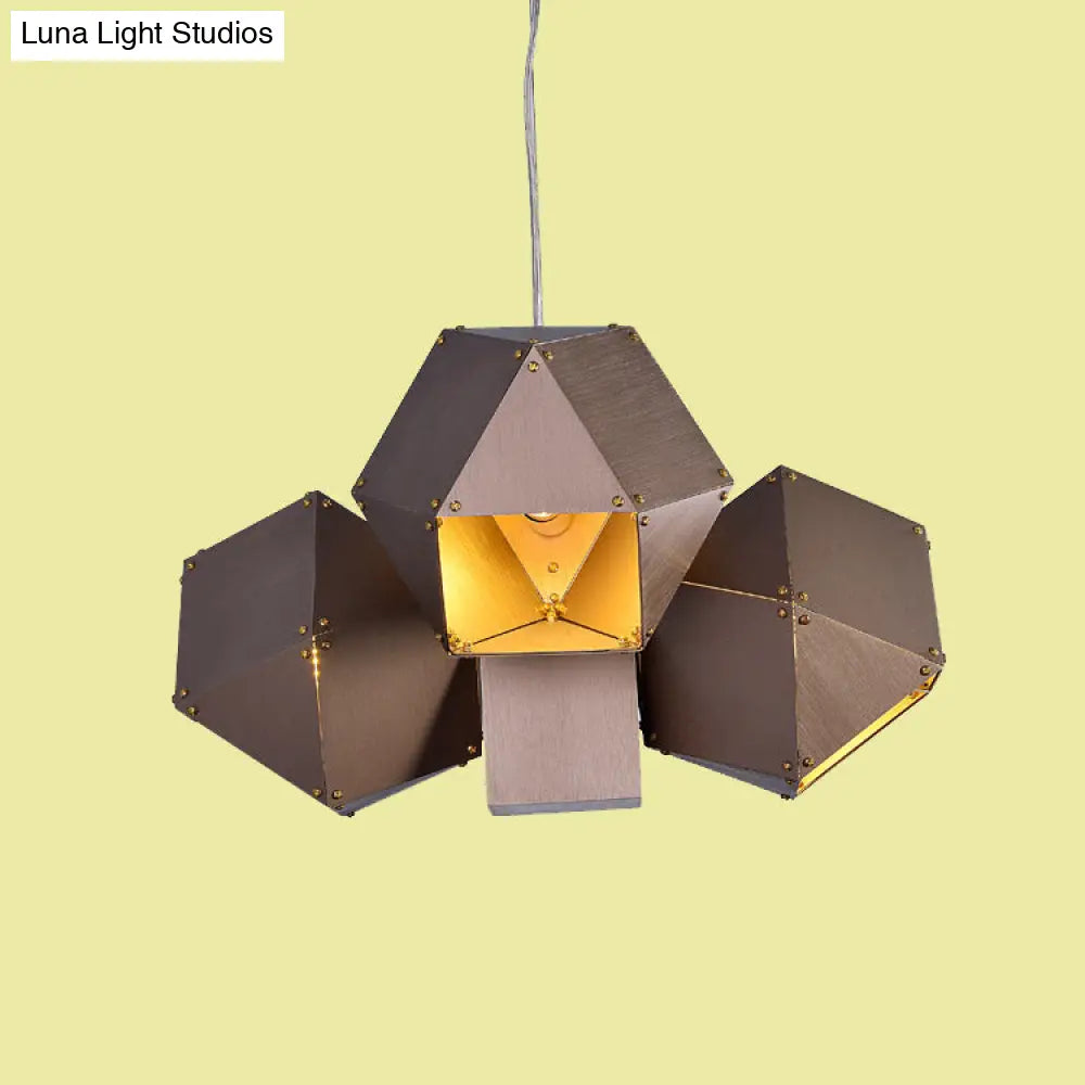 Modern Aluminum 3-Light Polyhedron Chandelier Pendant Lamp In Coffee For Restaurants