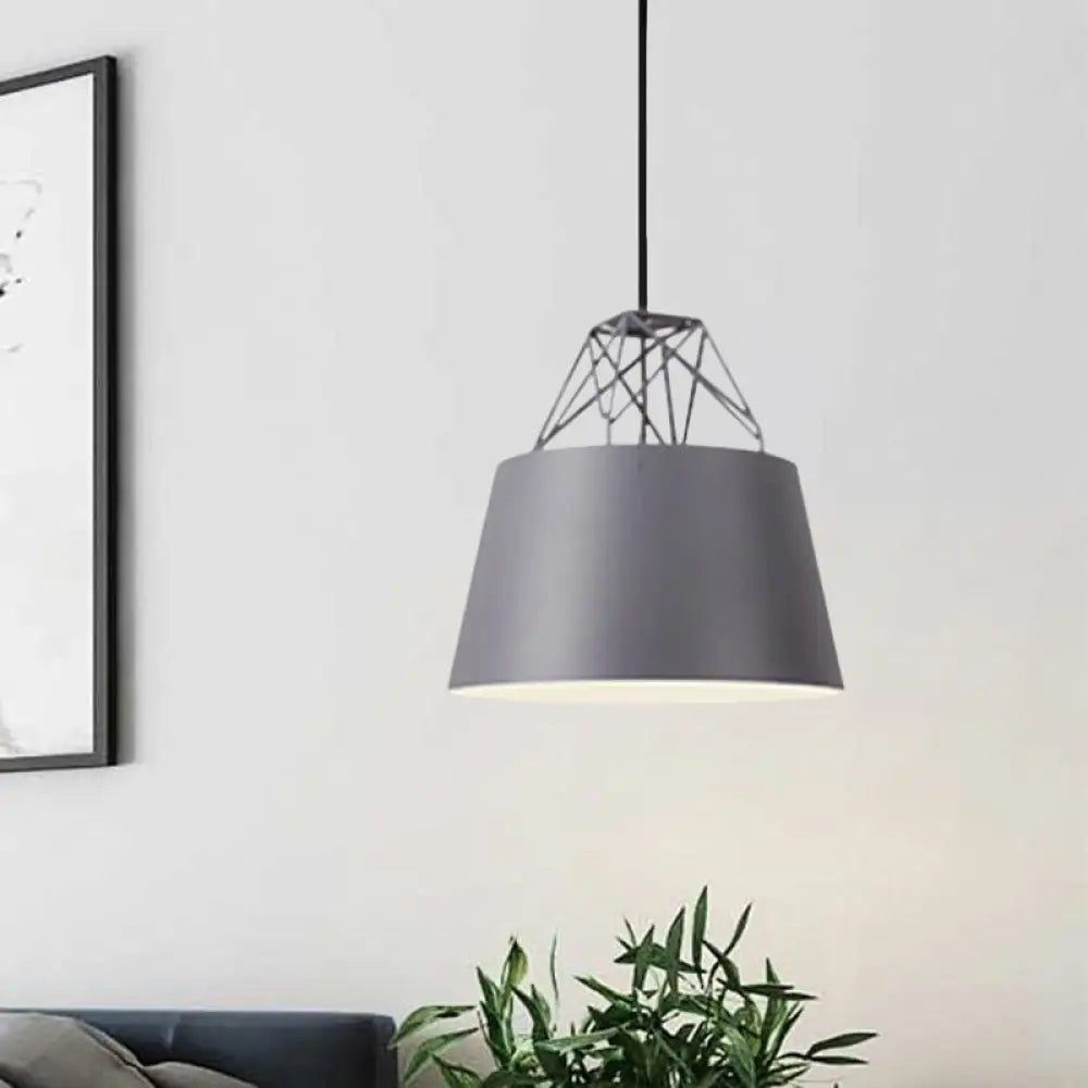 Modern Aluminum Drum Shape Pendant Light For Restaurants - 1 With Iron Wire Grey