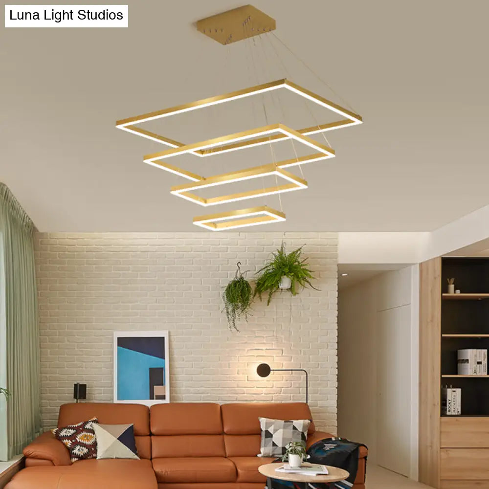 Modern Aluminum Gold Chandelier: Rectangle 4-Tier Led Ceiling Light