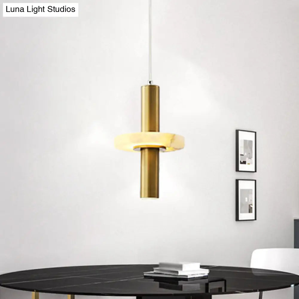 Modern Aluminum Led Pendant Light Fixture In Gold With Marble Ring Deco - Elegant Dining Room