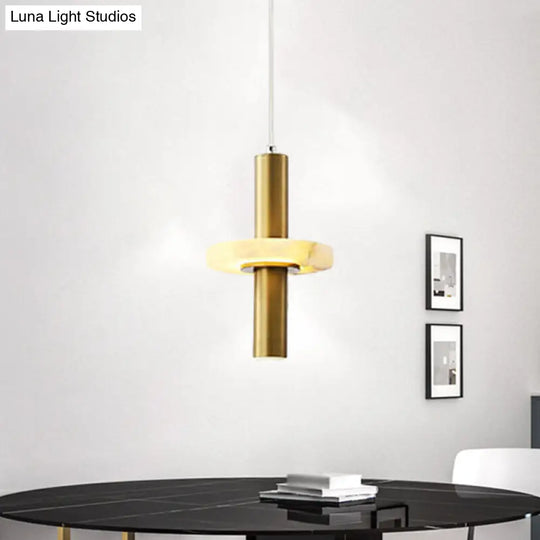 Gold Aluminum Pendant Led Hanging Light With Marble Ring Deco - Modern Tubular Drop For Dining Room