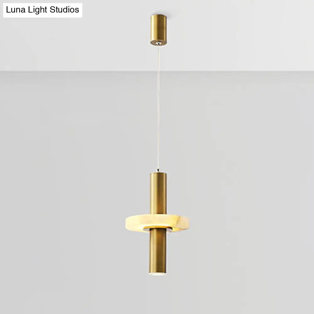 Gold Aluminum Pendant Led Hanging Light With Marble Ring Deco - Modern Tubular Drop For Dining Room