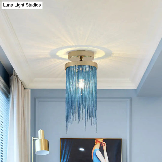 Modern Aluminum Small Flushmount Ceiling Light With Cascading Fringe 1 - Light Green/Gold/Blue