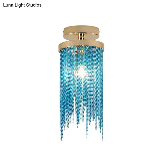 Modern Aluminum Small Flushmount Ceiling Light With Cascading Fringe 1-Light Green/Gold/Blue