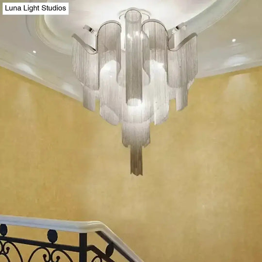 Modern Aluminum Tiered Tassel Semi Flush Led Ceiling Lamp For Living Room