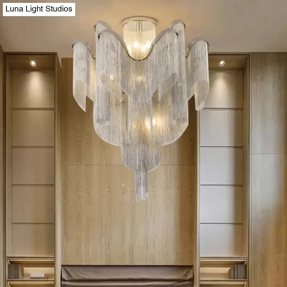 Modern Aluminum Tiered Tassel Semi Flush Led Ceiling Lamp For Living Room