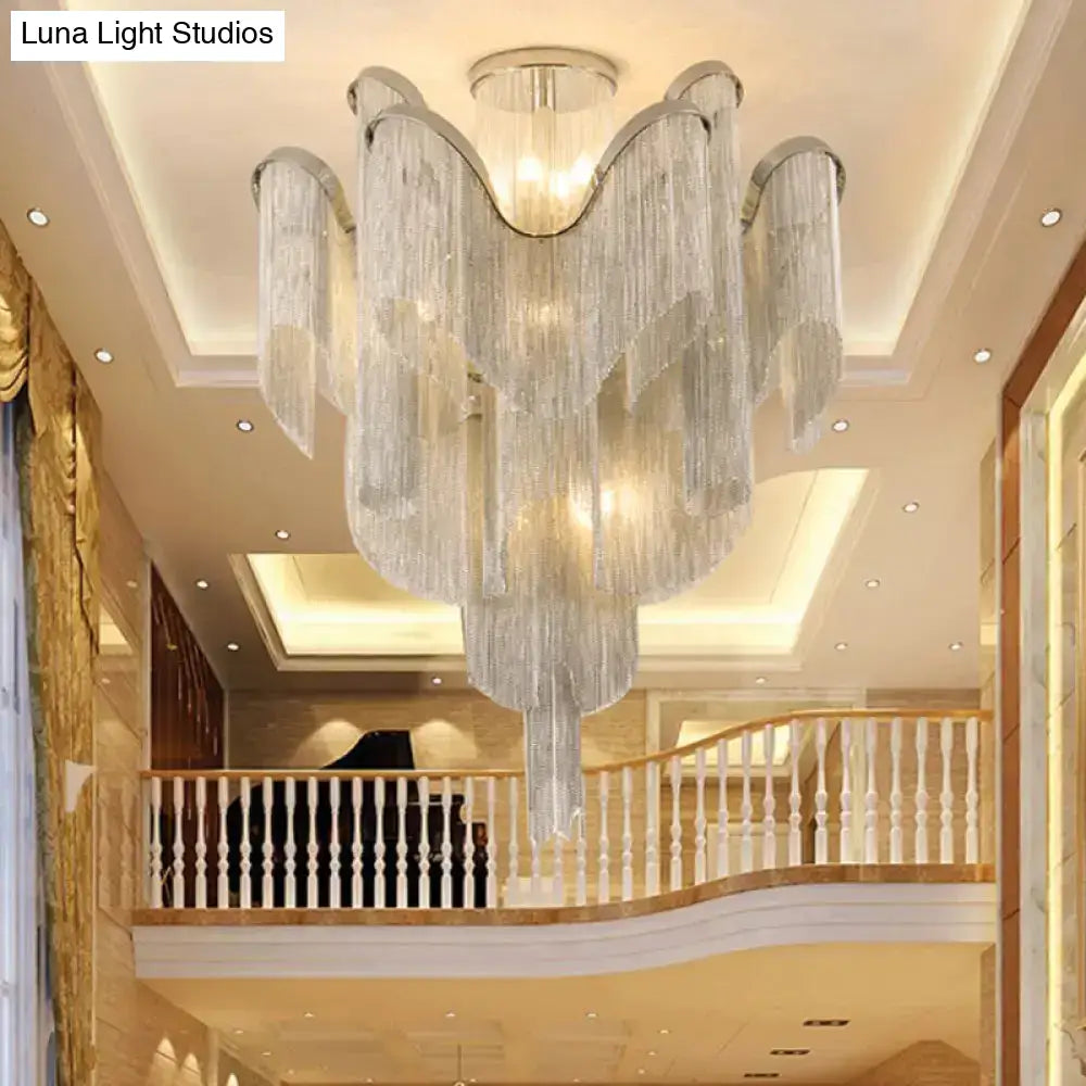 Modern Aluminum Tiered Tassel Semi Flush Led Ceiling Lamp For Living Room