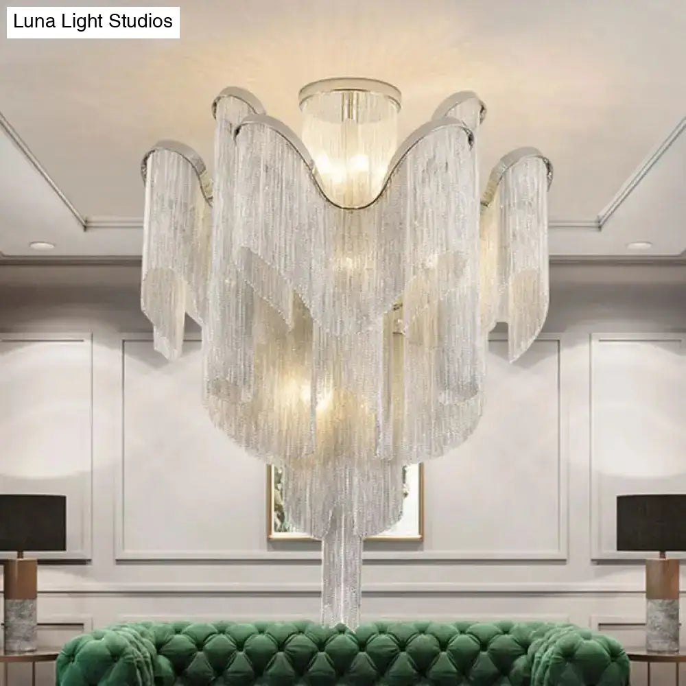 Modern Aluminum Tiered Tassel Semi Flush Led Ceiling Lamp For Living Room