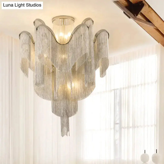 Modern Aluminum Tiered Tassel Semi Flush Led Ceiling Lamp For Living Room