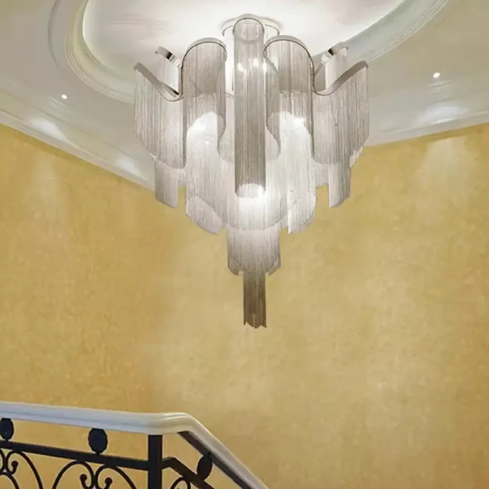 Modern Aluminum Tiered Tassel Semi Flush Led Ceiling Lamp For Living Room Silver / 23.5’