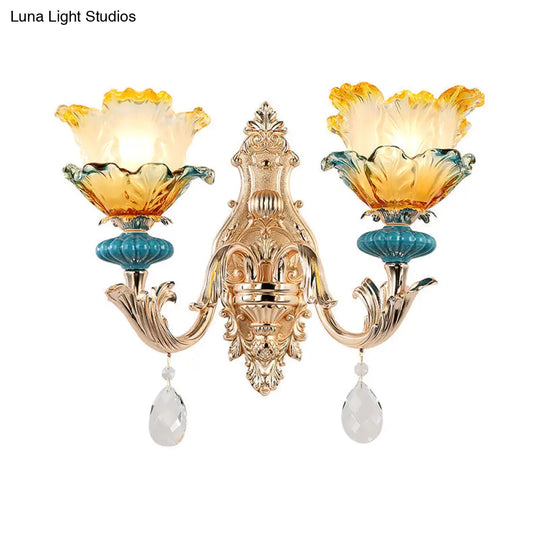 Modern Amber And Blue Glass Wall Sconce With Brass Finish - 1/2 Head Flower Design