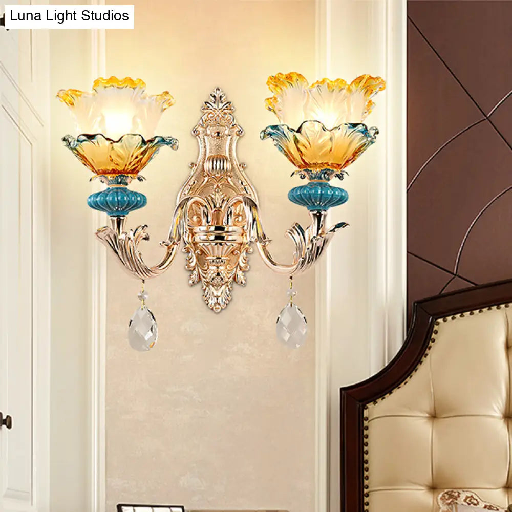 Modern Amber And Blue Glass Wall Sconce With Brass Finish - 1/2 Head Flower Design