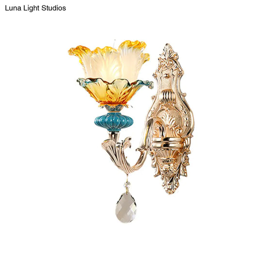 Modern Amber And Blue Glass Wall Sconce With Brass Finish - 1/2 Head Flower Design