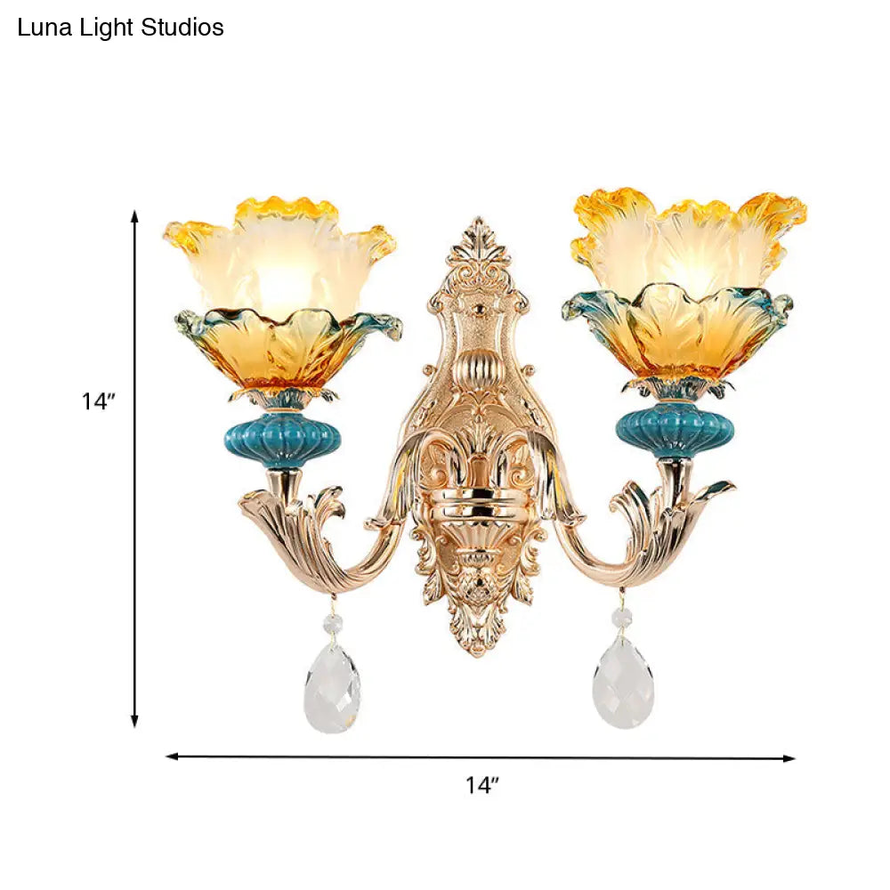 Modern Amber And Blue Glass Wall Sconce With Brass Finish - 1/2 Head Flower Design