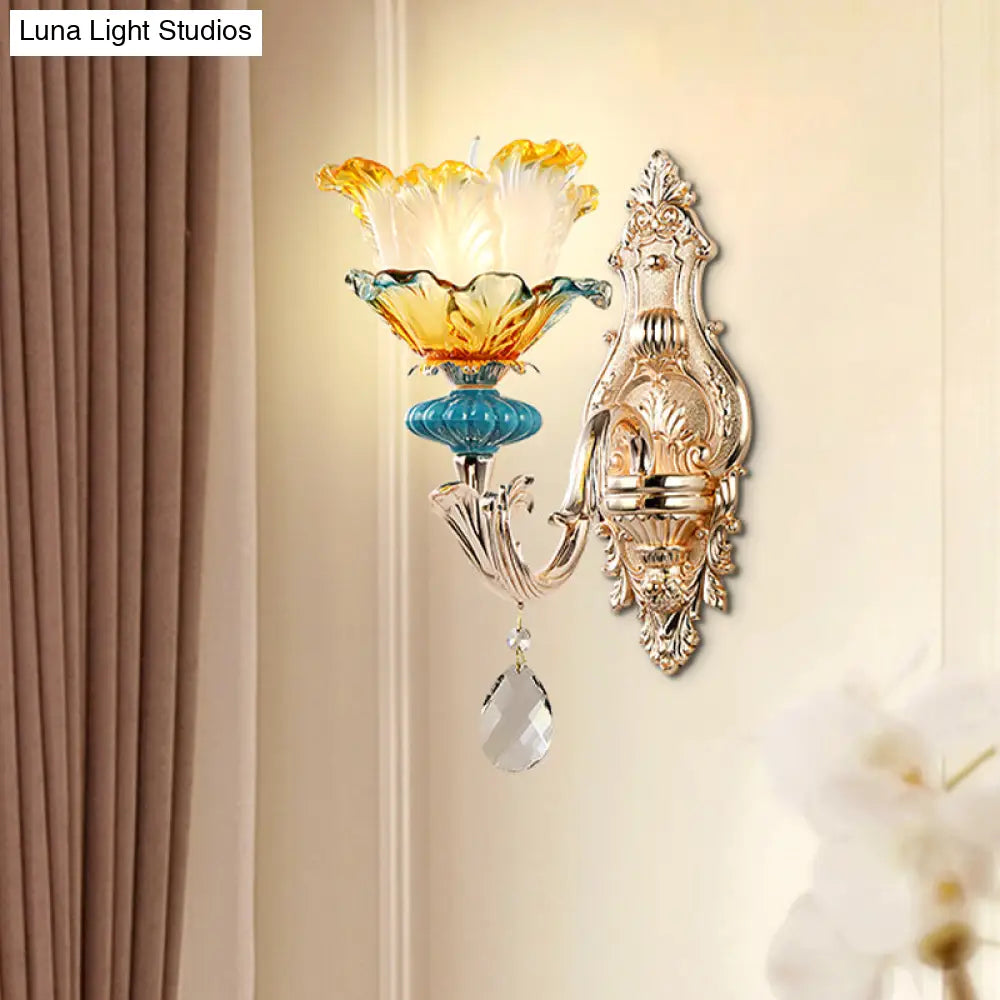 Modern Amber And Blue Glass Wall Sconce With Brass Finish - 1/2 Head Flower Design