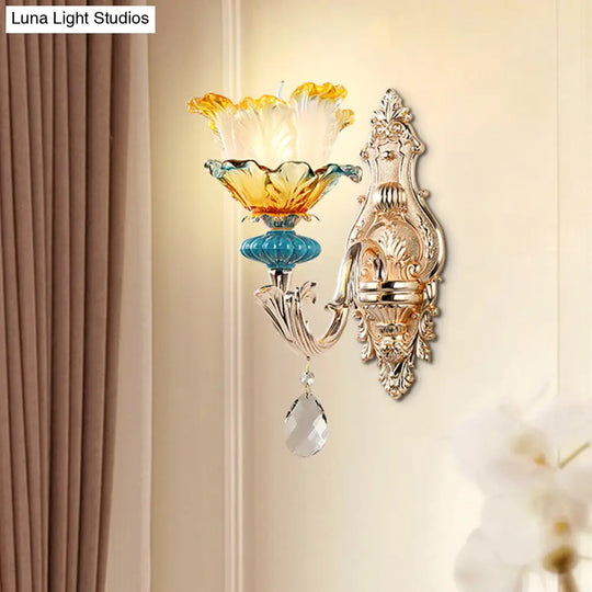 Modern Amber And Blue Glass Wall Sconce With Brass Finish - 1/2 Head Flower Design