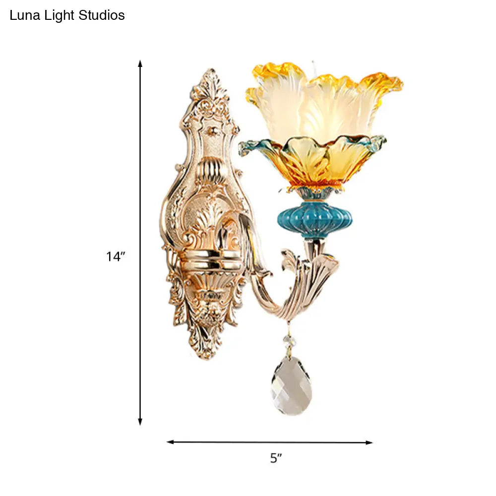 Modern Amber And Blue Glass Wall Sconce With Brass Finish - 1/2 Head Flower Design