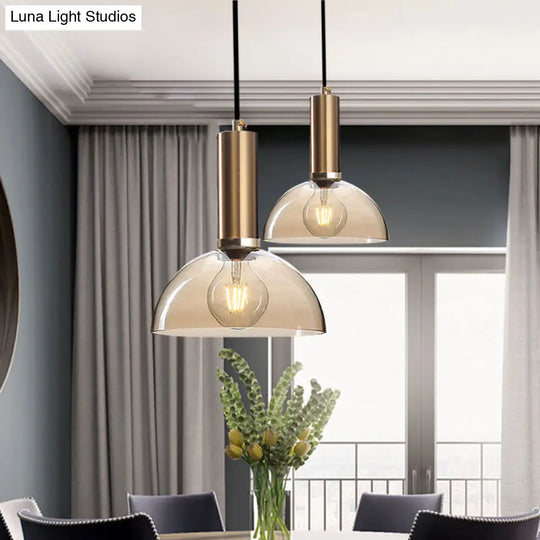 Amber/Clear Glass Curved Shade Pendant Light With Brass Lamp Socket Simple Style For Living Room