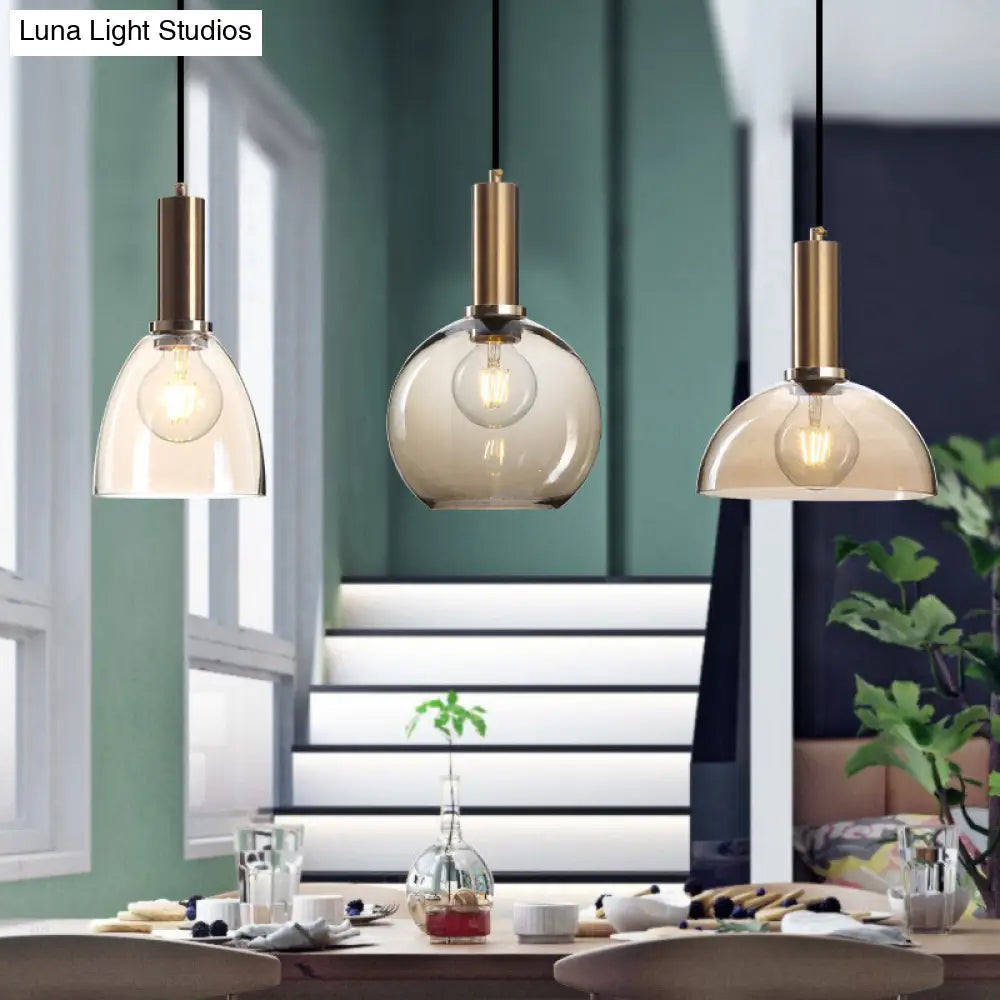 Amber/Clear Glass Curved Shade Pendant Light With Brass Lamp Socket Simple Style For Living Room