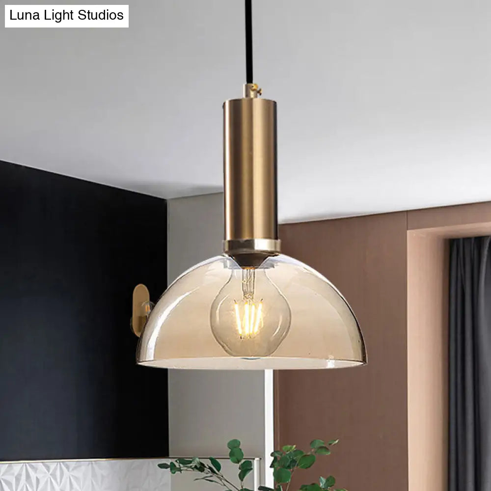 Amber/Clear Glass Curved Shade Pendant Light With Brass Lamp Socket Simple Style For Living Room