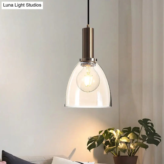 Amber/Clear Glass Curved Shade Pendant Light With Brass Lamp Socket Simple Style For Living Room