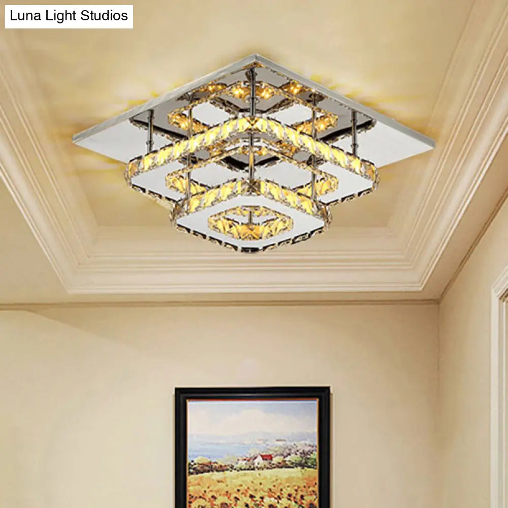 Modern Amber Crystal Block Ceiling Light - Square Layered Flush Mount In Chrome