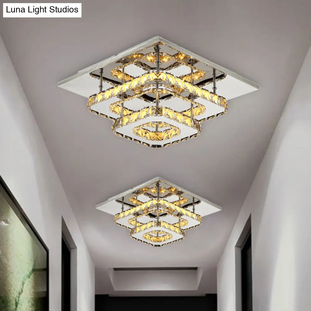 Modern Amber Crystal Block Ceiling Light - Square Layered Flush Mount In Chrome