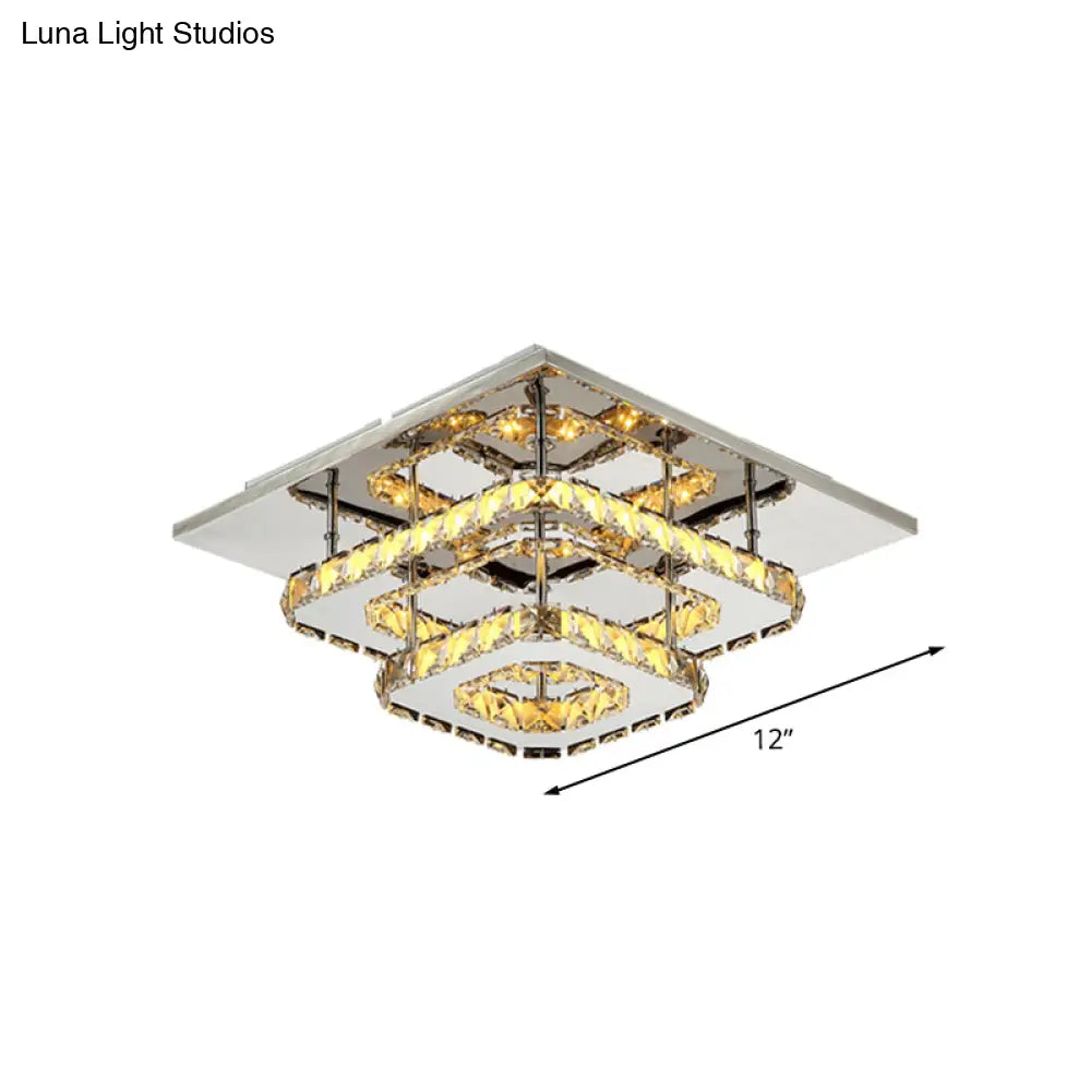 Modern Amber Crystal Block Ceiling Light - Square Layered Flush Mount In Chrome