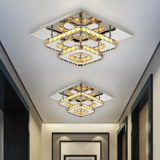 Modern Amber Crystal Block Ceiling Light - Square Layered Flush Mount In Chrome / Natural