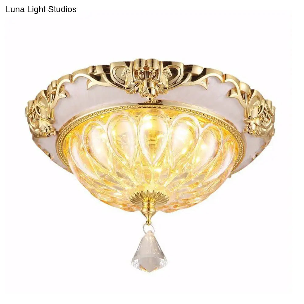 Modern Amber Crystal Glass Led Ceiling Flush Mount With Gold Carved Edge