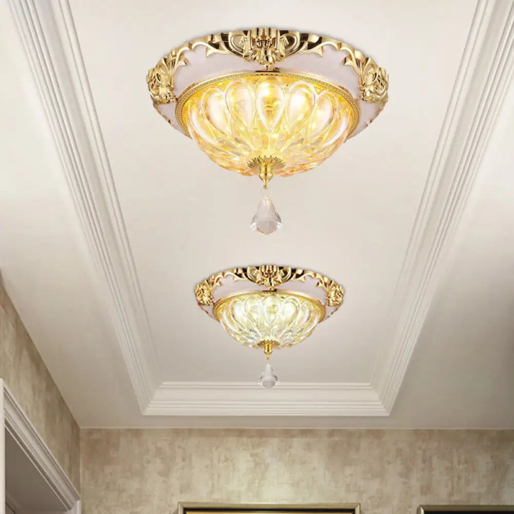 Modern Amber Crystal Glass Led Ceiling Flush Mount With Gold Carved Edge