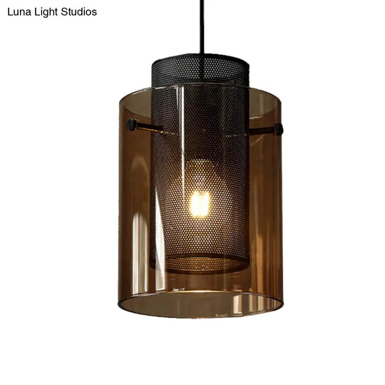 Modern Amber Cylinder Pendant Lamp With Hollow Mesh Screen - Ideal Hanging Light For Kitchen 1 Bulb