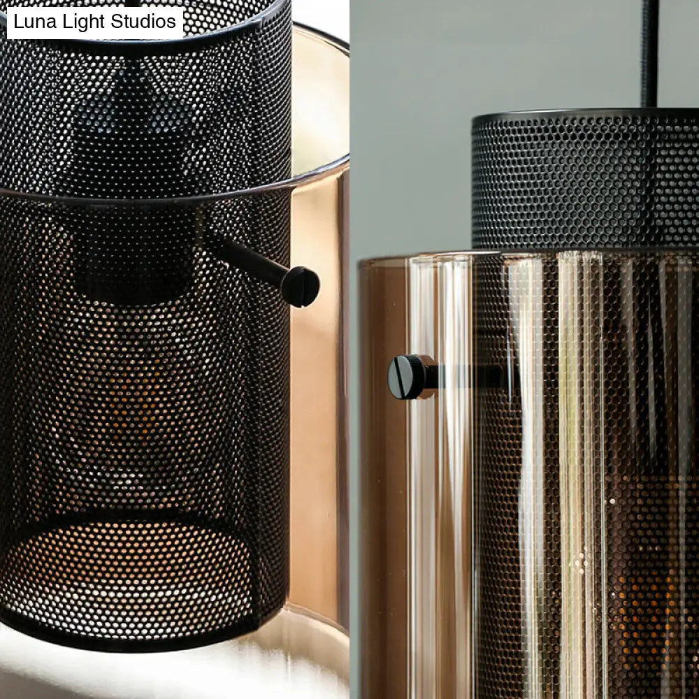 Modern Amber Cylinder Pendant Lamp With Hollow Mesh Screen - Ideal Hanging Light For Kitchen 1 Bulb