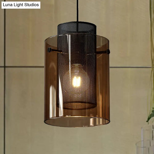 Modern Amber Cylinder Pendant Lamp With Mesh Screen - Perfect Hanging Light For Kitchen