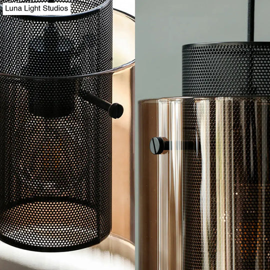 Modern Amber Cylinder Pendant Lamp With Mesh Screen - Perfect Hanging Light For Kitchen