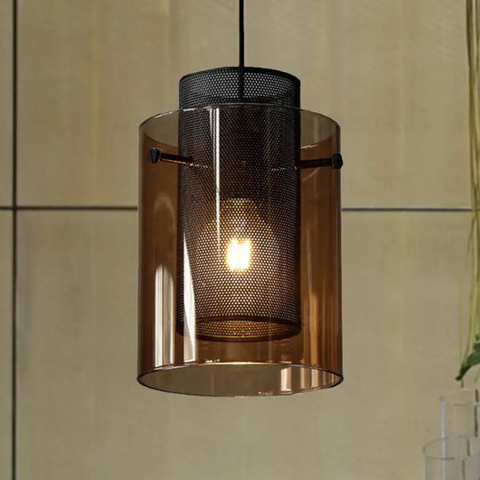 Modern Amber Cylinder Pendant Lamp With Hollow Mesh Screen - Ideal Hanging Light For Kitchen 1 Bulb