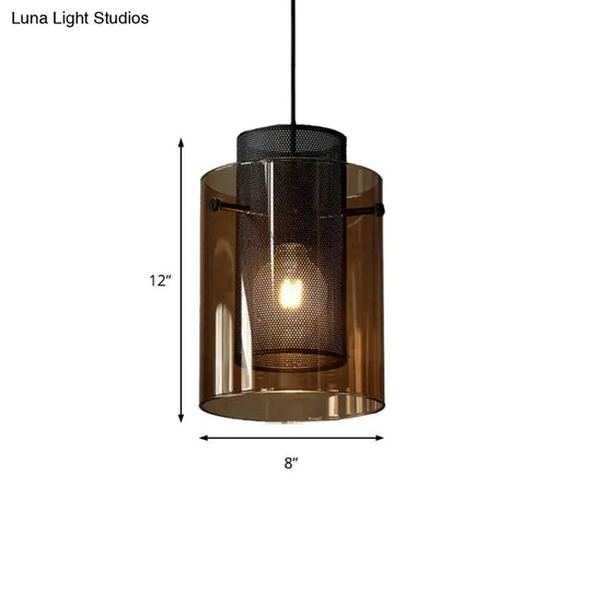 Modern Amber Cylinder Pendant Lamp With Mesh Screen - Perfect Hanging Light For Kitchen