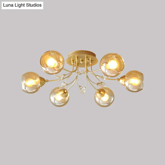 Modern Amber Glass Ball Ceiling Flush Mount Light With Teardrop Beveled Crystal Deco - 6 Bulbs Gold