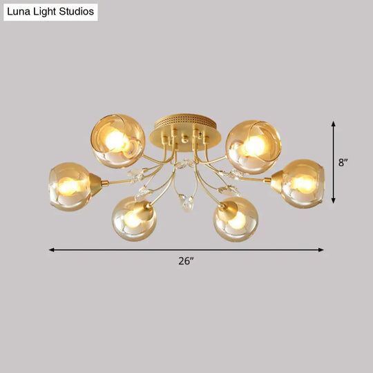 Modern Amber Glass Ball Ceiling Flush Mount Light With Teardrop Beveled Crystal Deco - 6 Bulbs Gold